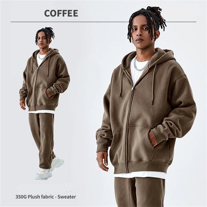 ZODF Basic Winter Men Fleece Zipper Hoodies Unisex Casual Loose 350gsm Warm Solid Hooded Sweatshirts Coats 18 Colors HY0726