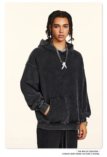 ZODF Retro Men Heavyweight Washed Cotton Hoodies Unisex Loose Thick 420gsm Hooded Sweatshirts Pullovers Coats HY0466