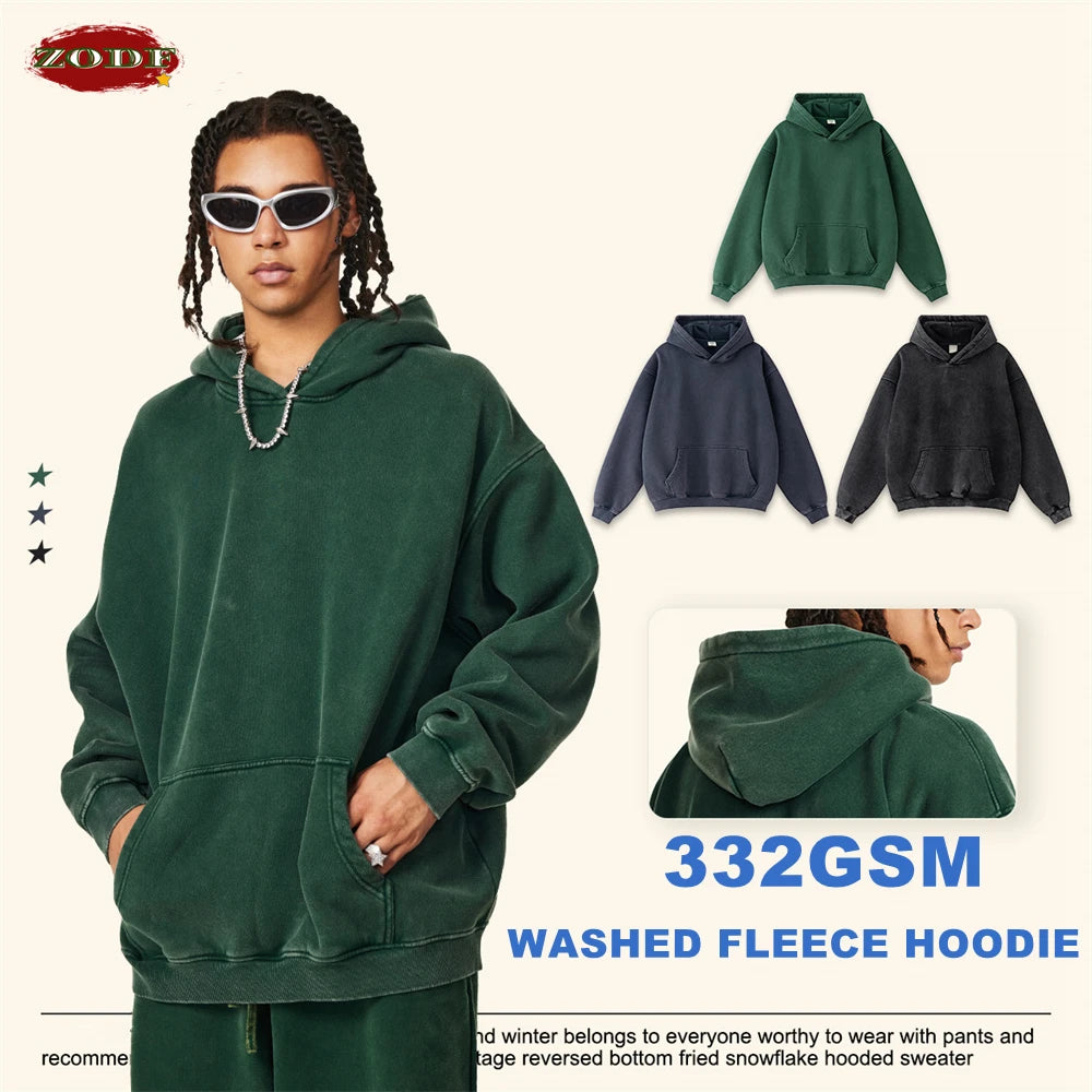 ZODF Retro Men’s Winter Washed Fleece Hoodie 360gsm Warm Knitted Loose Hooded Pullover Streetwear HY0887