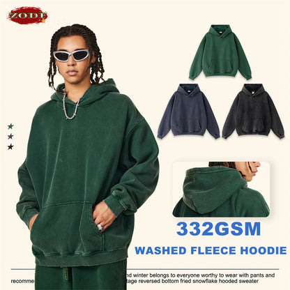 ZODF Retro Men’s Winter Washed Fleece Hoodie 360gsm Warm Knitted Loose Hooded Pullover Streetwear HY0887