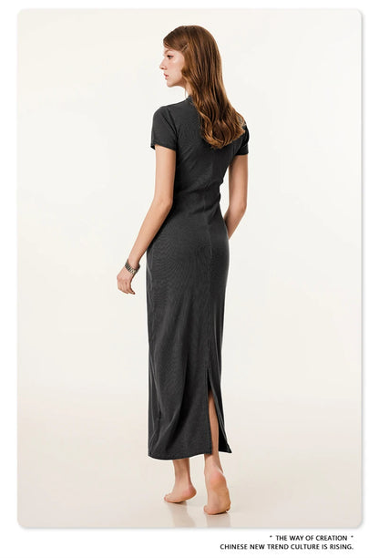 ZODF Sexy 2025 Spring Women 275gsm Long Dress Female Girls O Neck Washed Distressed Slim Slit Fit Dresses HY1008