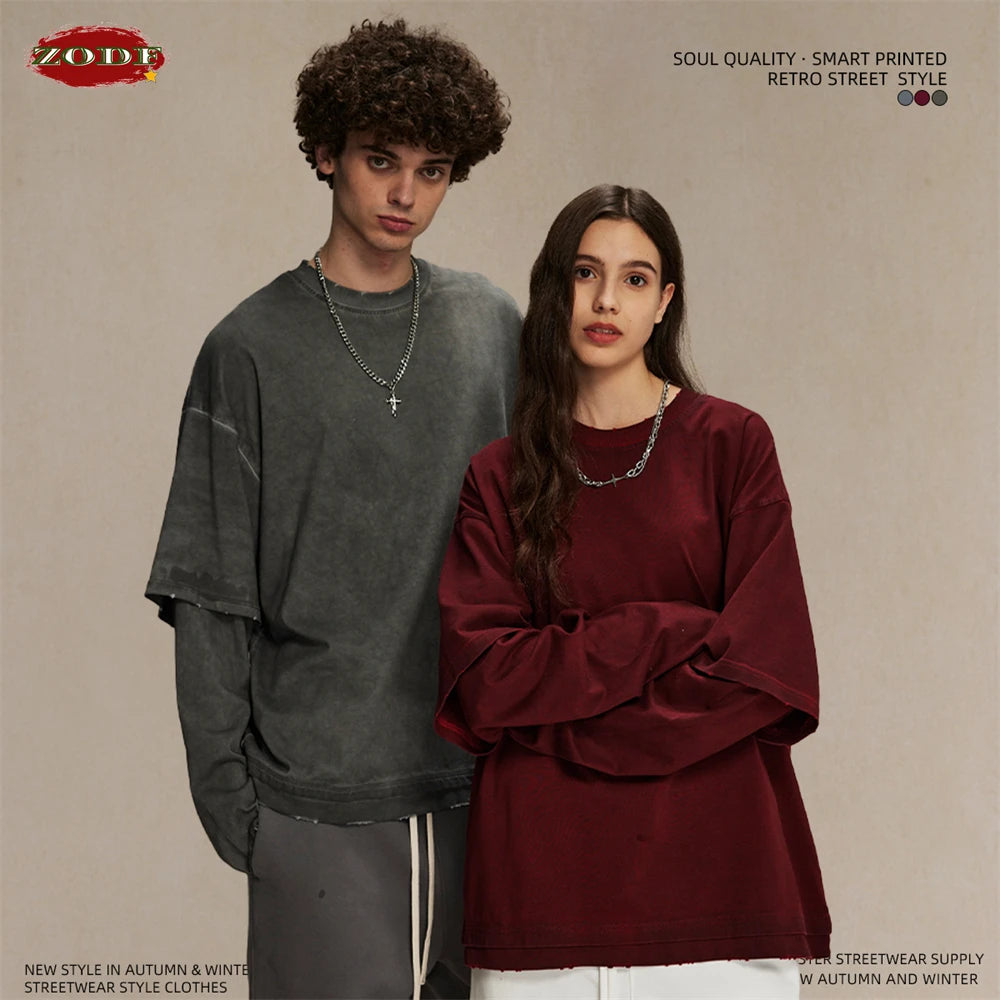 ZODF New 2024 Autumn Fake 2 Pieces T-Shirt For Men Unisex Loose Solid Long Sleeve O-Neck 305gsm Cotton T Shirt Brand Tops HY0944