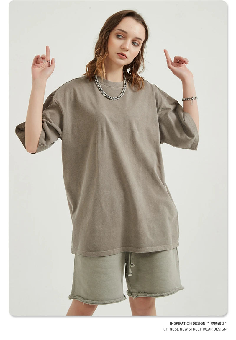 ZODF Men 2024 Retro Summer Washed Solid Cotton T-Shirts Unisex Retro Loose High Street 250gsm Basic Tees Streerwears HY0075