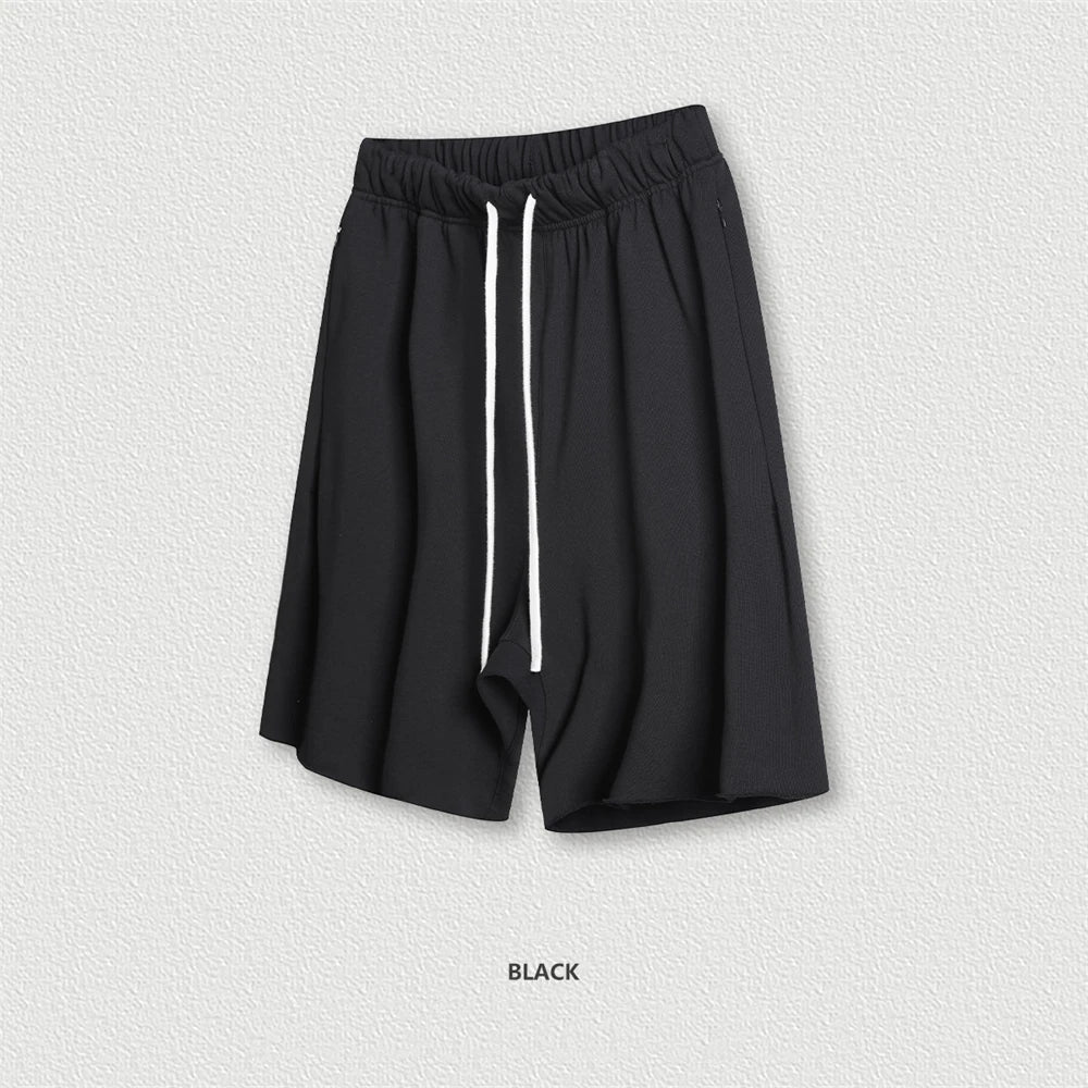 ZODF New Summer Men Retro Washed Shorts Unisex Drawstring Loose Edge 420gsm Solid Knee Length Cotton Pants Streetwears HY0589