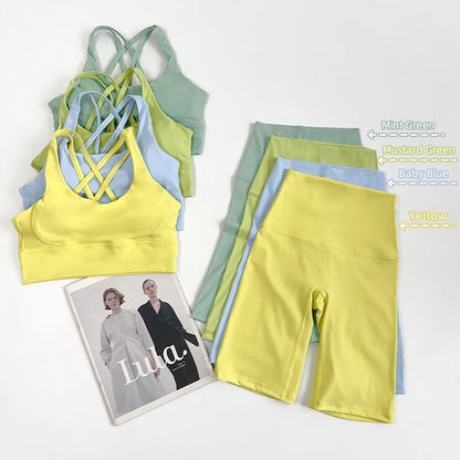 2 Pieces Yoga Shorts Gym Sports Sets Women Fitness Suits Cross Back Bra Top High Waist Shorts Running Workout Clothes Tracksuit