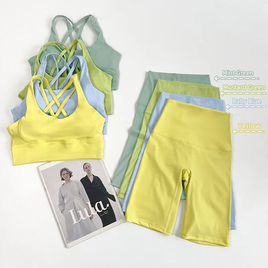 2 Pieces Yoga Shorts Gym Sports Sets Women Fitness Suits Cross Back Bra Top High Waist Shorts Running Workout Clothes Tracksuit