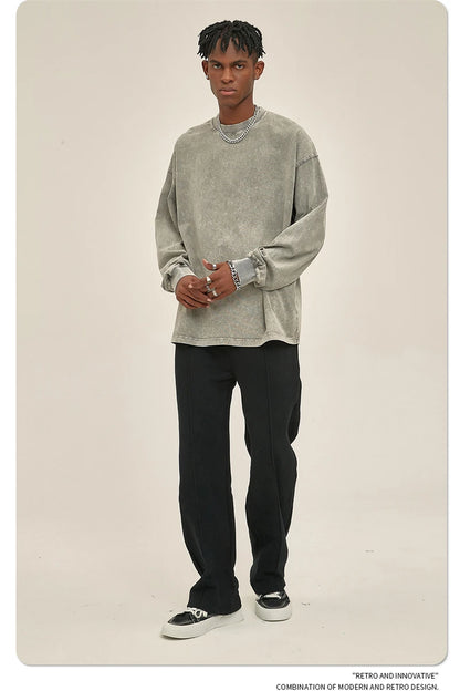 ZODF Retro Men Long Sleeve Washed Cotton T Shirt Unisex Loose 250gsm Basic Atumn TEES Tops Brand Streetwears HY0394