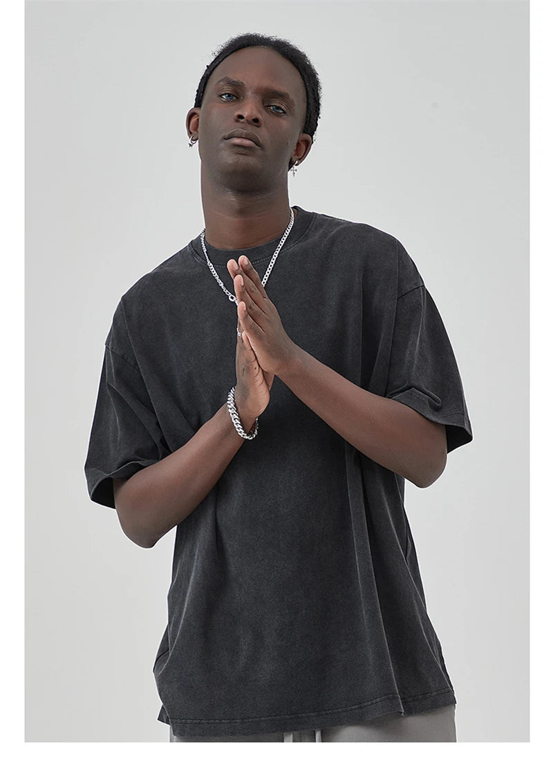 ZODF New Summer Solid Washed Cotton T-Shirts Streetwears For Men Unisex Retro High Street 275gsm Basic Tees Brand Tops HY0071