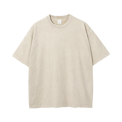 ZODF 2025 High Street Summer Washed Cotton Unisex Loose Retro Solid T-Shirt HY0113 - Apricot / XXL / China Mainland