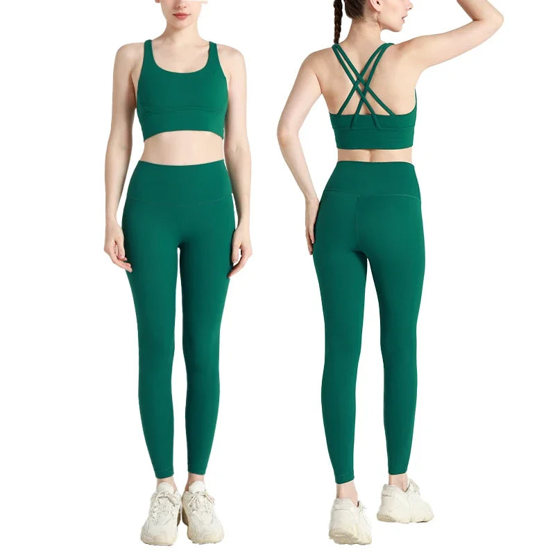 Women’s 2 Piece Yoga Set Sleeveless Cross Back Sports Bra and Leggings Athletic Tracksuit Pilates Fitness
