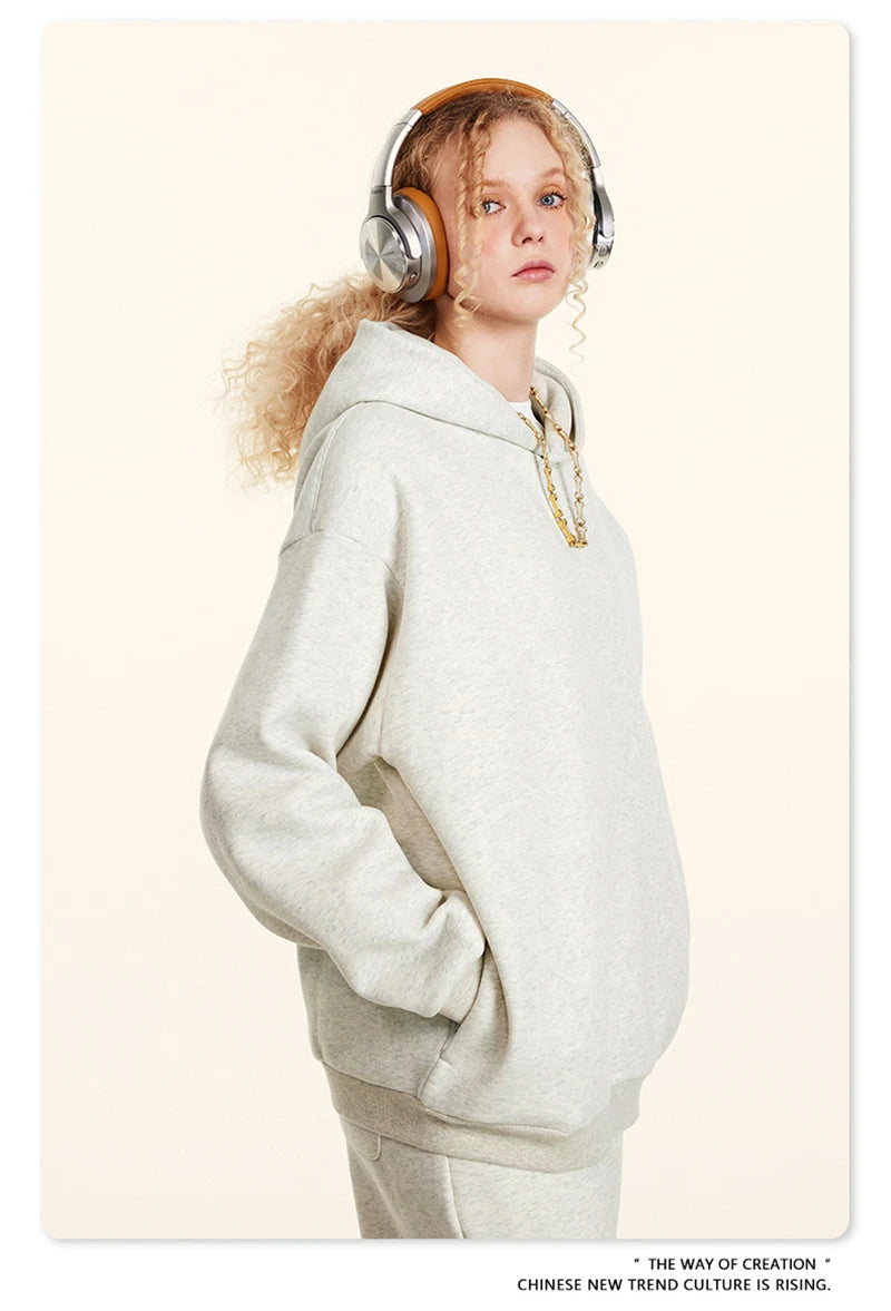 ZODF New Winter Men Solid Fleece Hoodies Unisex Women 345gsm Loose Warm Side Zipper Pocket Hooded Pullovers Brand Clothes HY0867