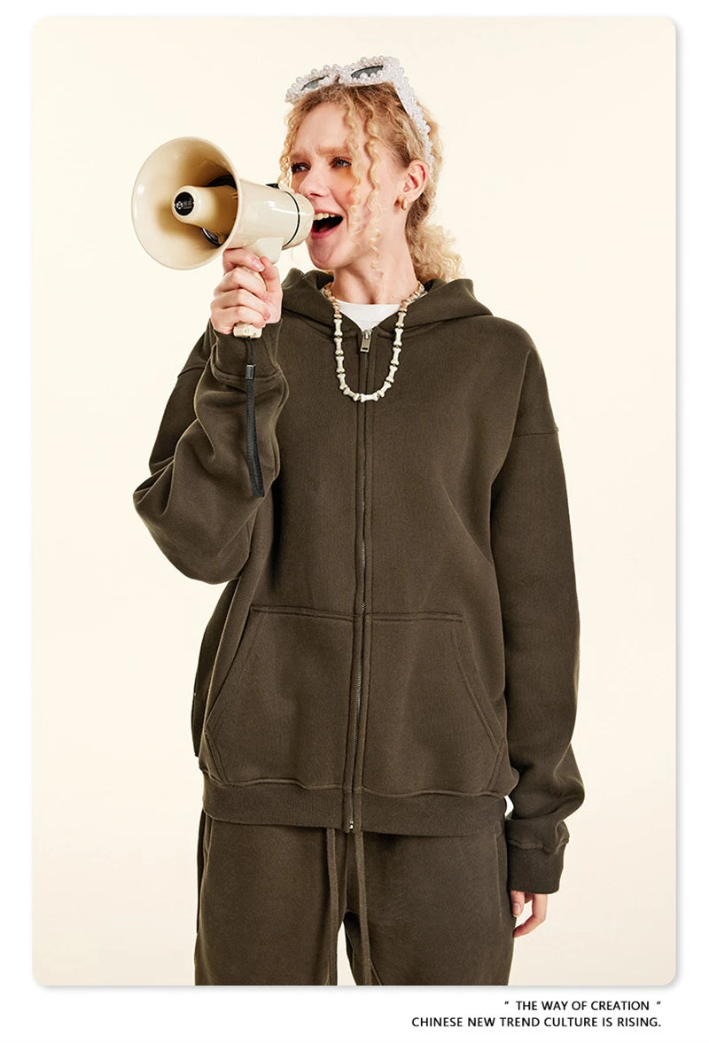 ZODF Fashion Winter Men Warm Zipper Fleece Hoodies Unisex Loose Basic 345gsm Knitted Hooded Hoodie Coats HY0904