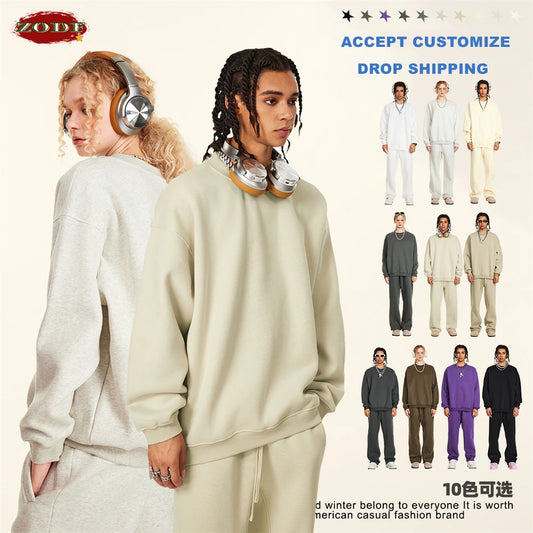 ZODF 2024 Winter Men 345gsm Fleece Sweatshirts Unisex Women Casual Loose Warm Solid O-Neck Pullovers Streetwears HY0865