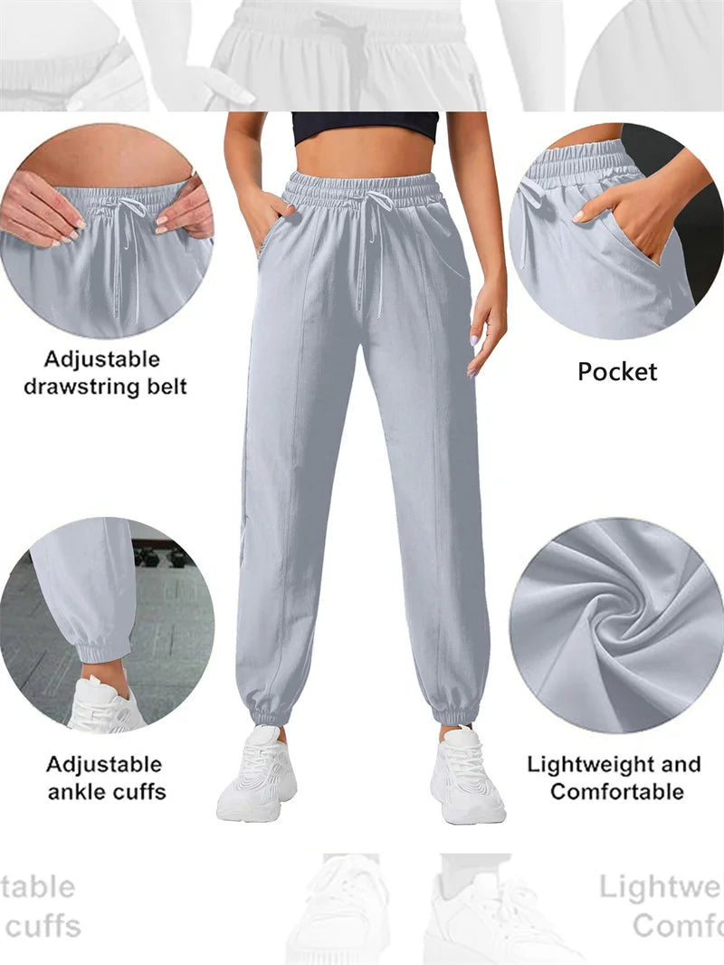 Loose running and fitness pants, women's side pockets, outdoor casual sports pants, ankle tied yoga pants