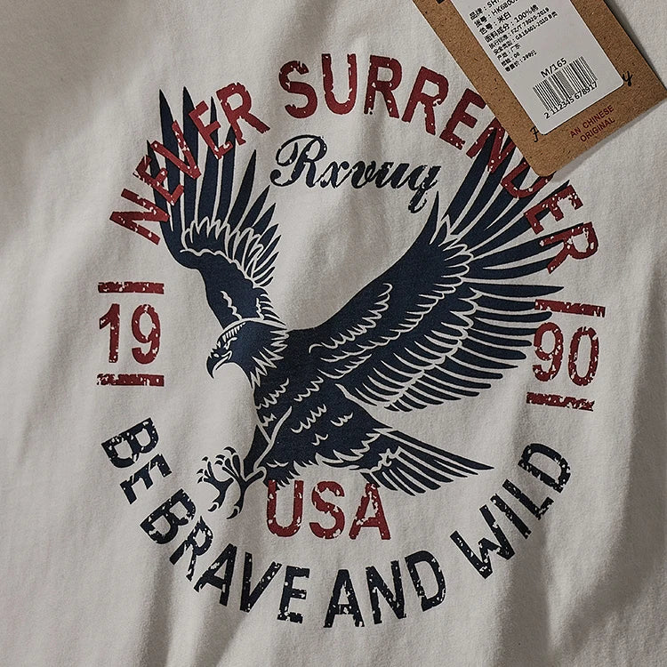 Summer New American Retro Short-sleeved O-neck Eagle Printed T-shirt Men's Fashion Simple 100% Cotton Washed Casual Sport Tops