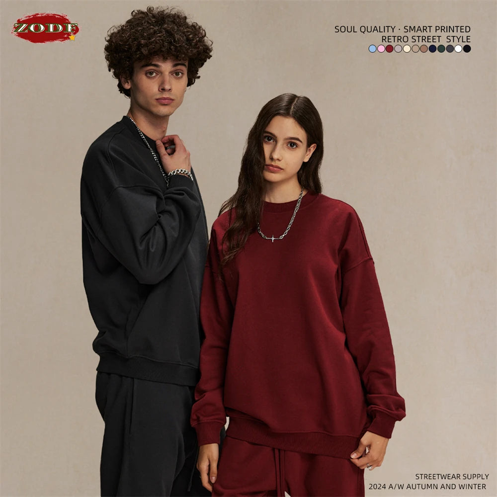 ZODF 2024 Autumn Winter Men's Basic O-Neck Sweatshirt Unisex Loose Solid 430gsm Terry Pullovers Streetwears HY0910