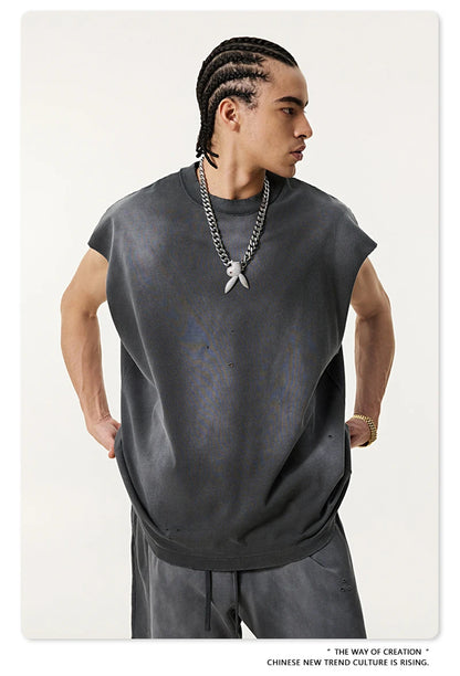 ZODF 2025 Summer 285gsm Washed Tank Tops For Men Unisex American Retro Cut Distressed Oversized Sleeveless TEE Vest HY1006