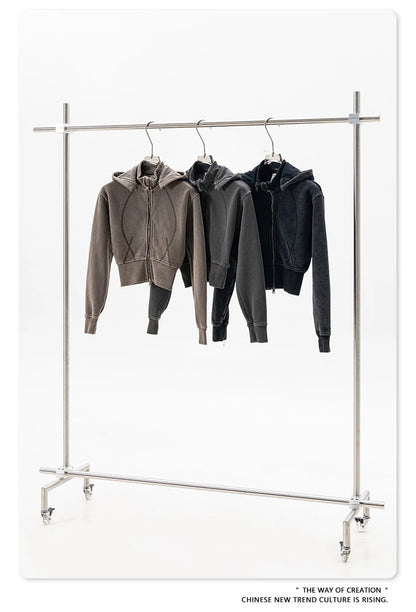 ZODF Vintage 2025 Winter Batik Washed Crop Hoodies Female Girls Remove Hood Heavy Weight Sport 400gsm Hooded Coat HY1085