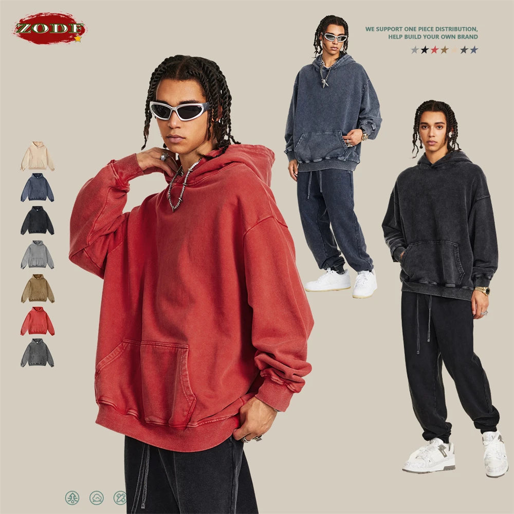 ZODF Retro Men Heavyweight Washed Cotton Hoodies Unisex Loose Thick 420gsm Hooded Sweatshirts Pullovers Coats HY0466