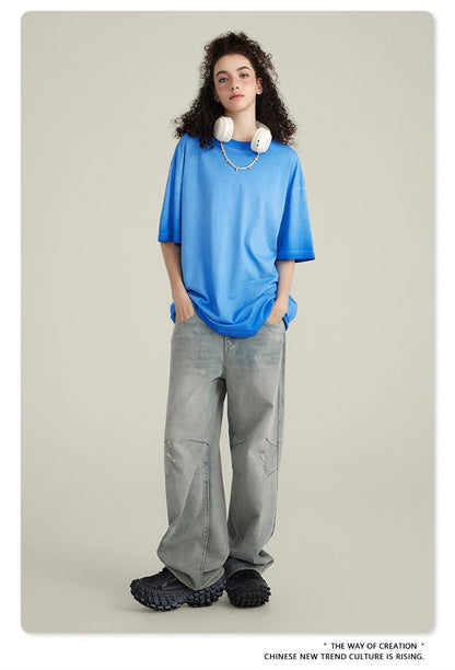 ZODF 2023 Men's Summer 255G Wash Gradient Fried Cotton T Shirt Round Neck Short Sleeve American Retro Loose T-Shirt HY0547