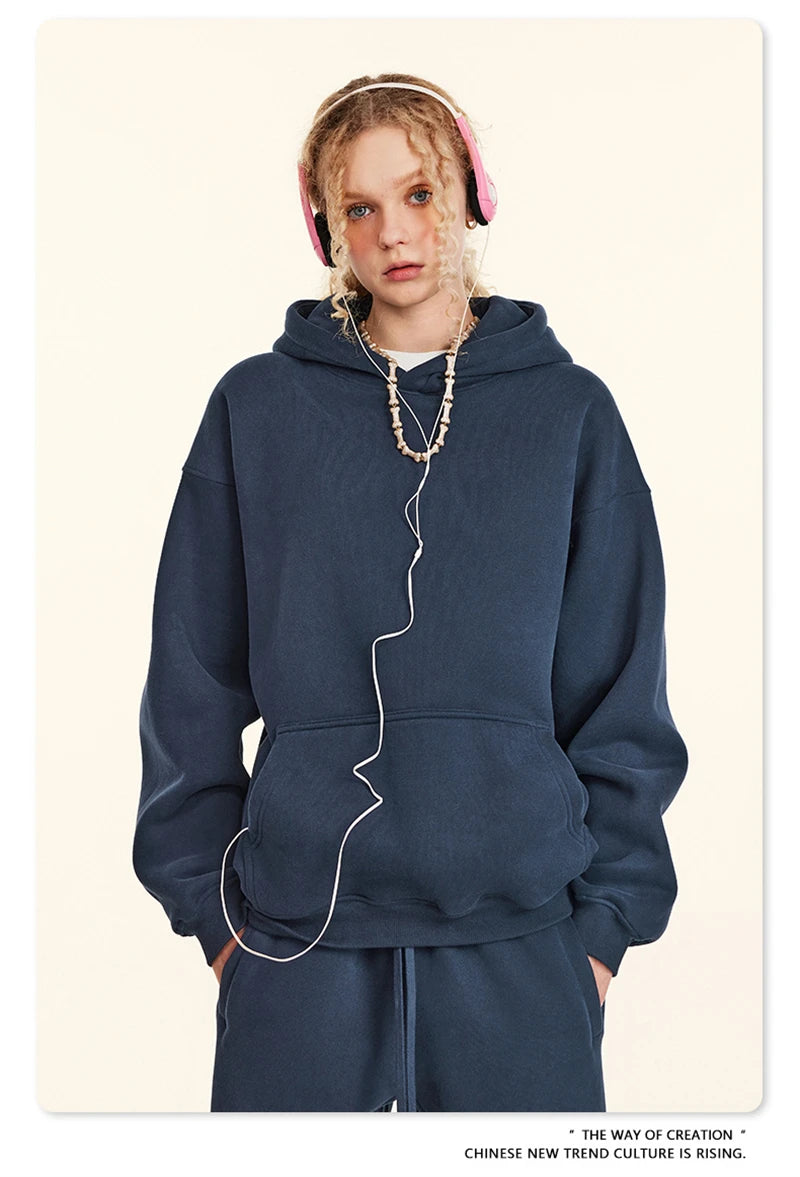 ZODF New 2024 Autumn Winter Men 345gsm Fleece Hoodies Unisex Women Relax Fit Warm Solid Hooded Pullovers Sweatshirts HY0863