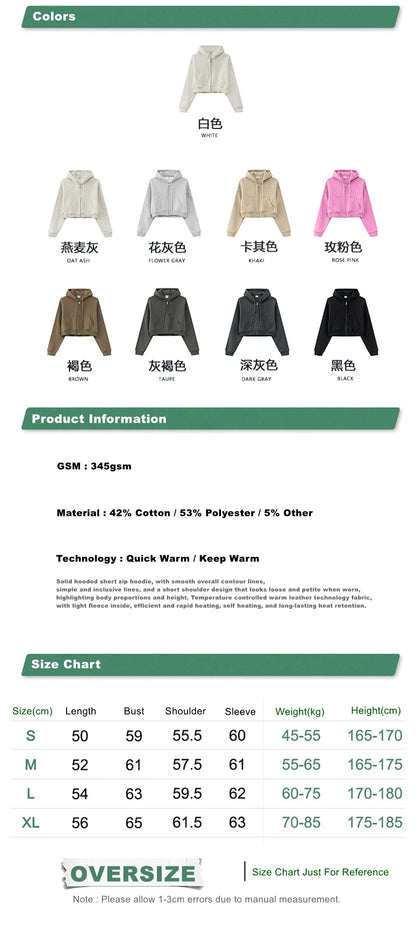 ZODF 2024 Winter Women Zipper Crop Hoodies Female Girls Solid 345gsm Warm Fleece Short Hooded Zip-Up Coat HY0911