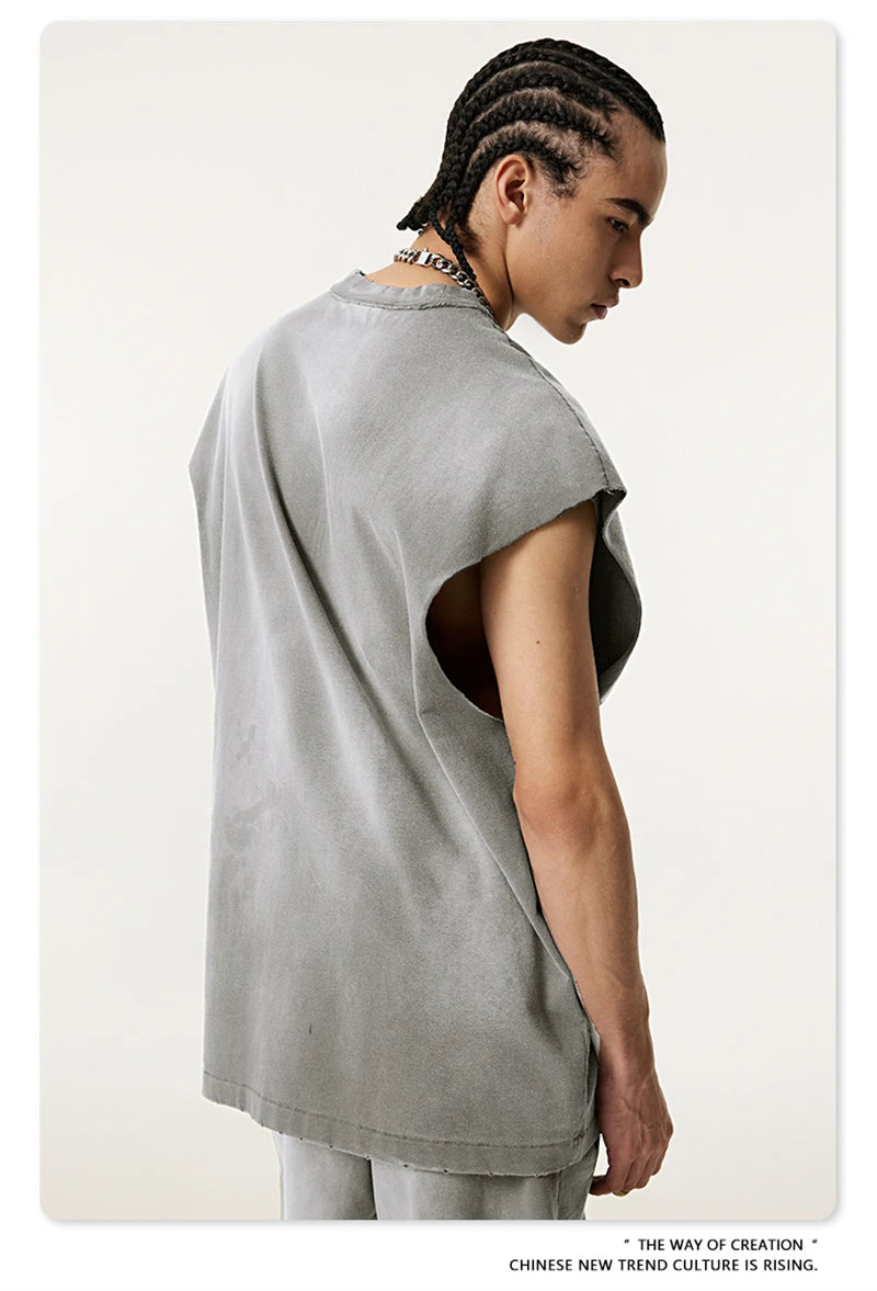 ZODF 2025 Summer 285gsm Washed Tank Tops For Men Unisex American Retro Cut Distressed Oversized Sleeveless TEE Vest HY1006