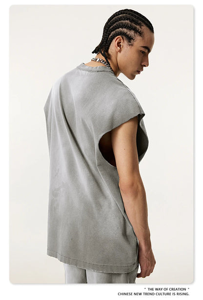 ZODF 2025 Summer 285gsm Washed Tank Tops For Men Unisex American Retro Cut Distressed Oversized Sleeveless TEE Vest HY1006