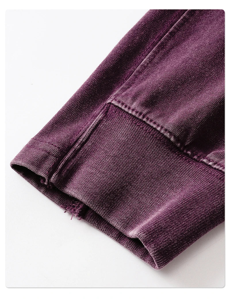 ZODF Retro 285gsm Batik Washed Cotton Man's T-Shirts Unisex Solid Loose Distressed Patchwork Full Sleeve Tee Shirt Tops HY1161