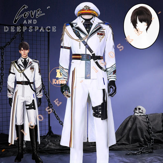 iCoser Love and Deepspace Caleb Cosplay Costume White Farspace Colonel Uniform Cap Combat Outfits Halloween Party for Women Men