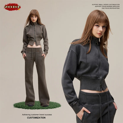 ZODF Vintage 2025 Winter Batik Washed Crop Hoodies Female Girls Remove Hood Heavy Weight Sport 400gsm Hooded Coat HY1085