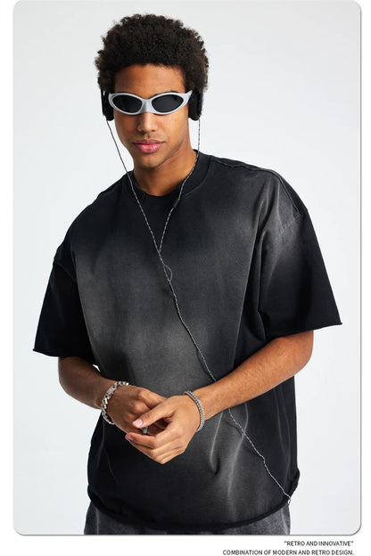 ZODF Retro Summer Men Washed 100% Cotton T-Shirts Unisex High Street Oversized Distressed Broken Neck T Shirt Brand Tees HY1050