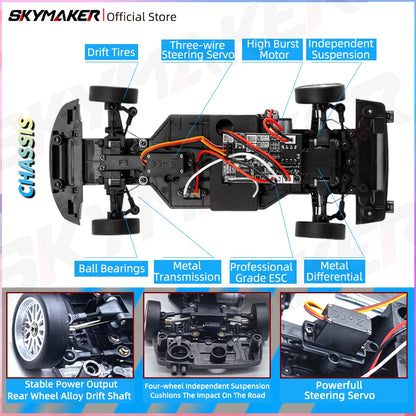 Skymaker LDRC 1/18 RC Drift Car LD1899 GTR Mode R34 2.4GHz RWD with Gyroscope on-Road Alloy Body Shell Racing Car for Boys Gifts