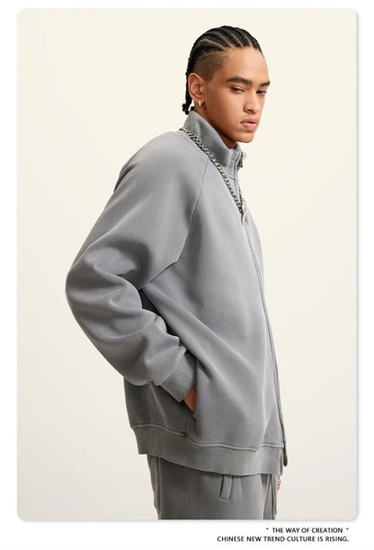 ZODF Retro Winter Men Washed Fleece Zipper Jackets Unisex Loose Oversized 400gsm Raglan Sleeve Coats Streetwears HY0649