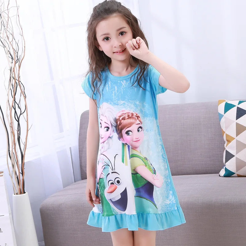 Girls Night Dress Summer Cartoon Snow White Frozen Princess Elsa Mermaid Print Toddler Girl Nightgown for Teens