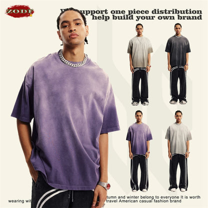 ZODF 2024 Summer Men Washed Gradient T-Shirts Unisex Women Distressed 250gsm Cotton T Shirt Brand Tees Streetwears HY0814