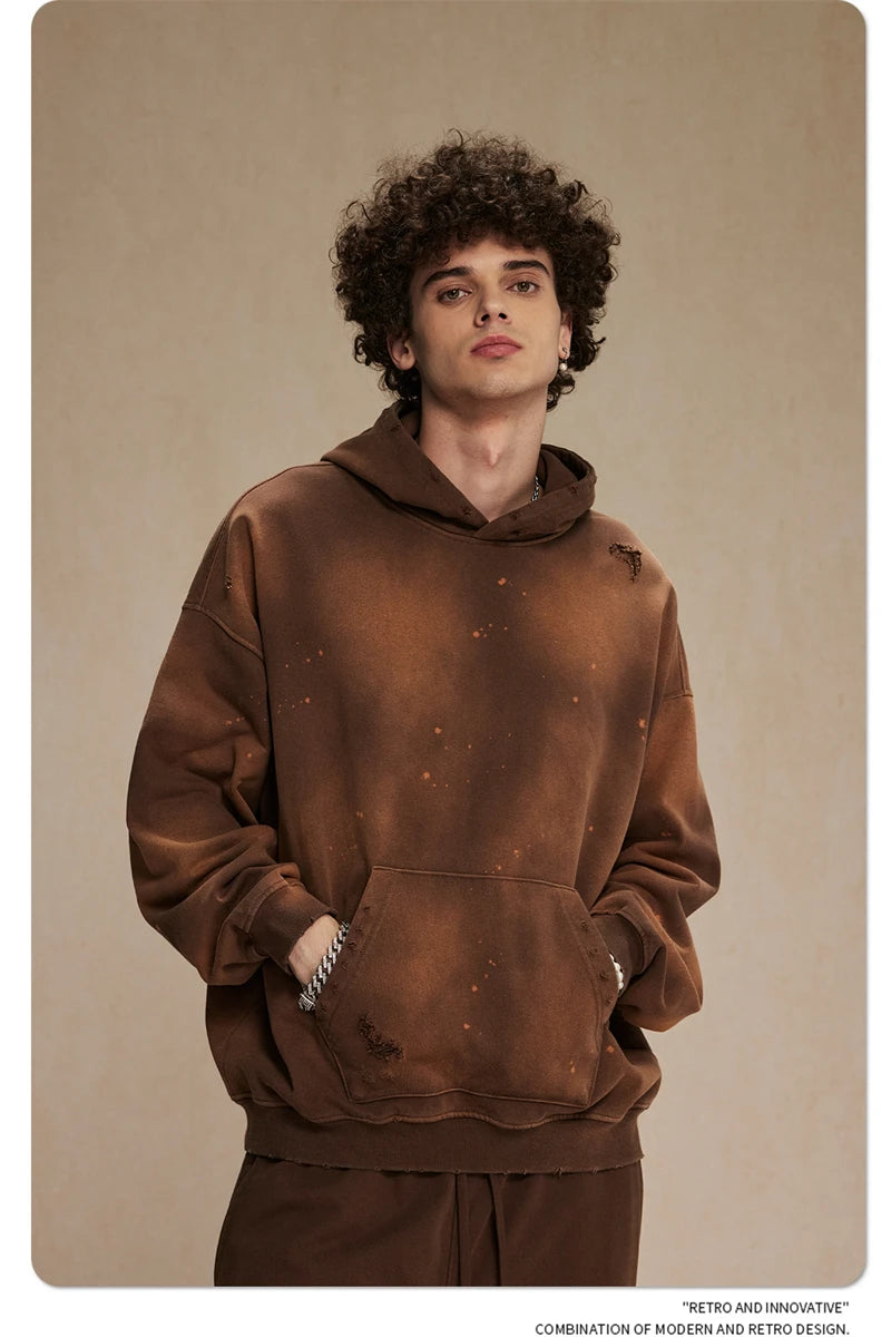 ZODF Autumn Winter Spray Dyeing Ink Splashing Hoodies For Men Unisex 450gsm Washed Oversized Knitted Hooded Pullovers HY0908