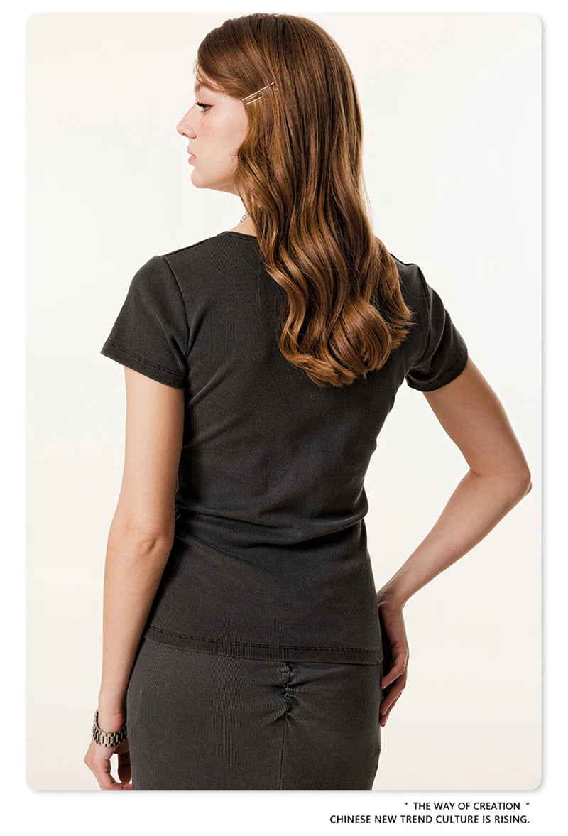 ZODF Women Retro 2025 Summer 275gsm U Collar Washed T-Shirts Hotsweet Girls Sexy Slim Fit T Shirt Brand Tees HY0992