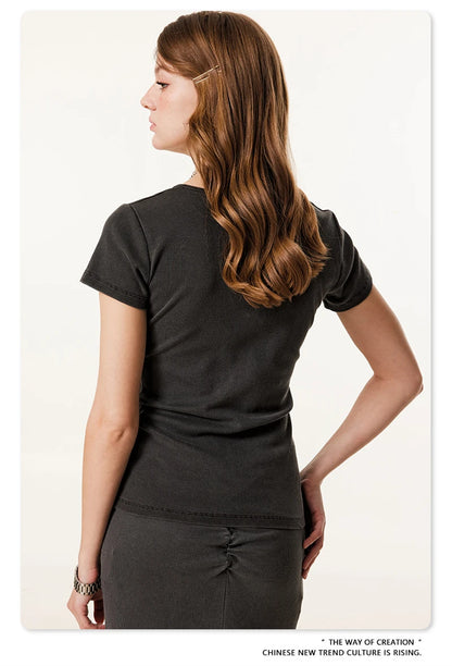 ZODF Women Retro 2025 Summer 275gsm U Collar Washed T-Shirts Hotsweet Girls Sexy Slim Fit T Shirt Brand Tees HY0992