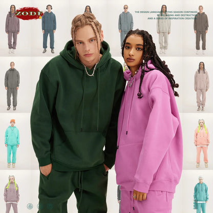ZODF New Winter Men Basic Thick Fleece 345gsm Hoodies Casual Loose Hip Hop Unisex Hooded Sweatshirt Pullovers Tracksuits HY0010