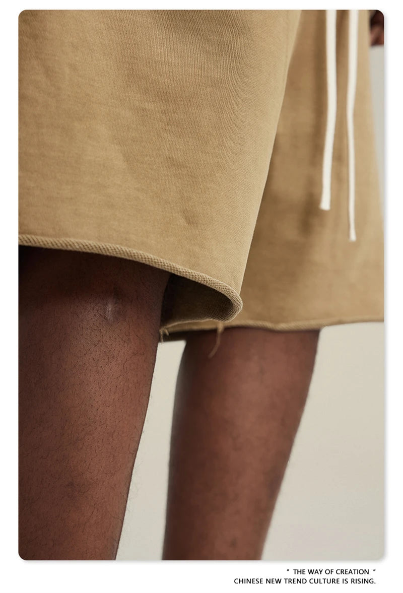 ZODF New Summer Men Retro Washed Shorts Unisex Drawstring Loose Edge 420gsm Solid Knee Length Cotton Pants Streetwears HY0589