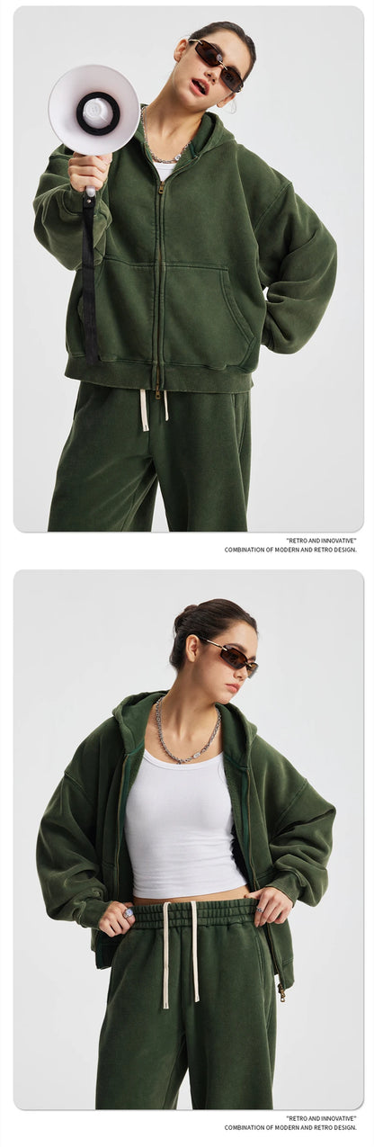 ZODF New 2025 Winter Man's Fleece Zipper Hoodies Unisex Retro 370gsm Loose Boxy Batik Washed Hooded Coats Sweatshirts HY1164