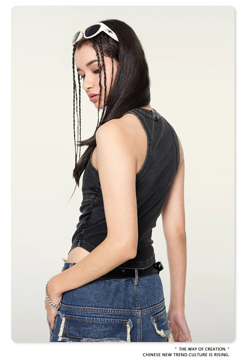 ZODF Women 2024 Summer Washed Tank Tops Female Hotsweet Girls 235gsm Slim Pleated Arc Hem Camisole TEE Streetwears HY0795
