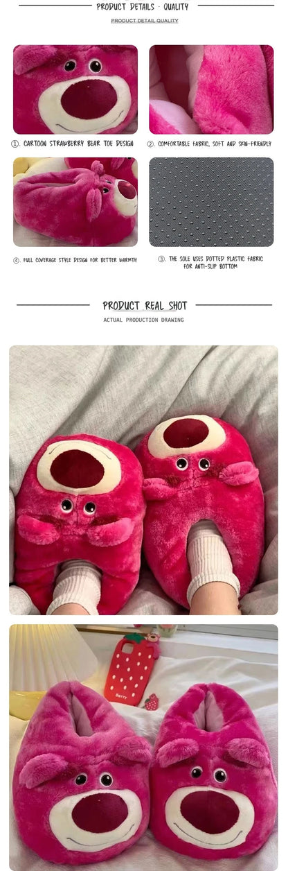 Disney Winter New Cute Cartoon Strawberry Bear Adult Home Cotton Shoes Indoor Floor Plush Warm Cotton Slippers Gift For Girls
