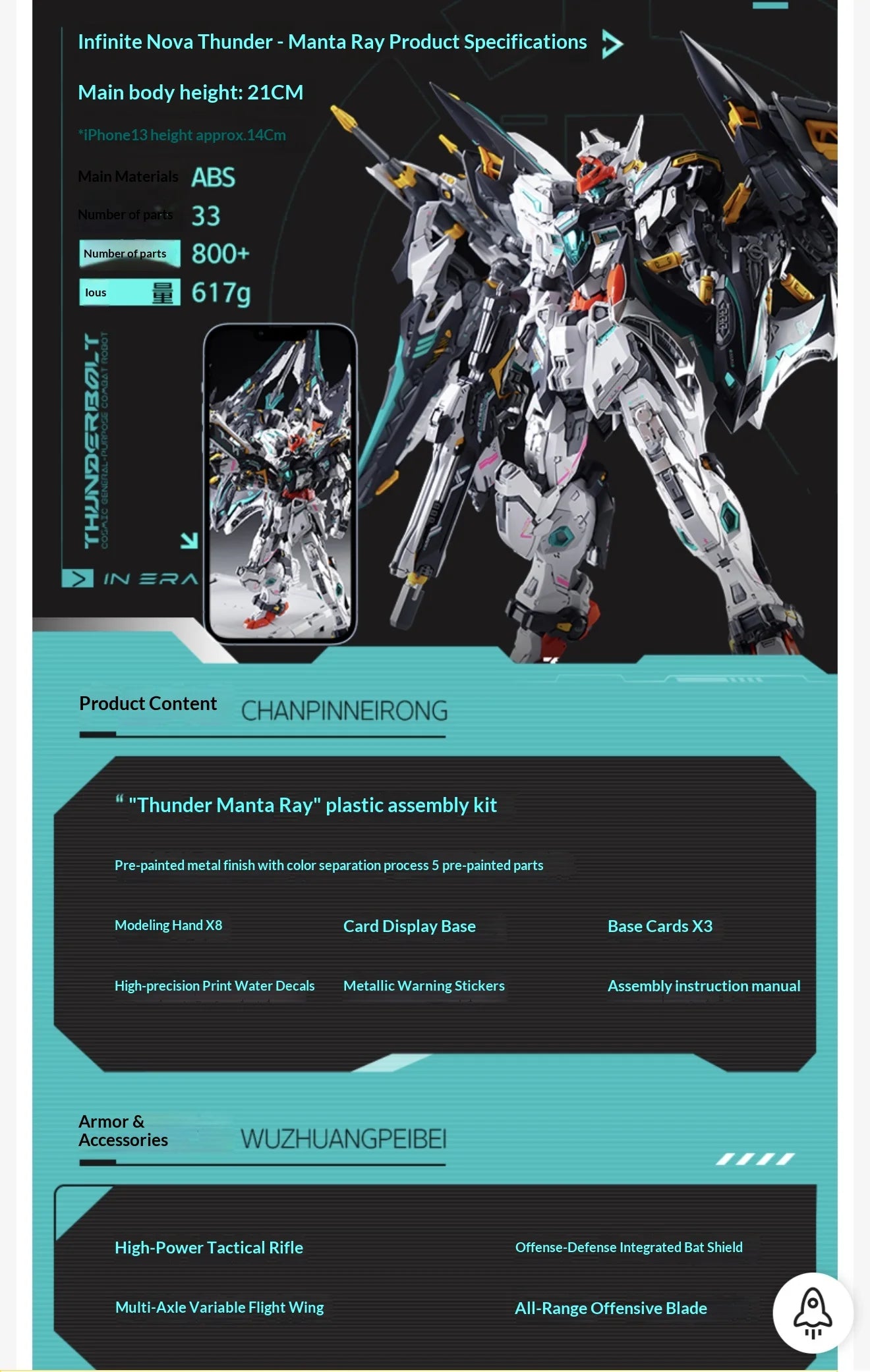1/100 Scale Inera Infinite Dimension Thunderbolt Manta Ray Original  Mecha Plastic Model Kit Action Figures Engraved Lines Clear