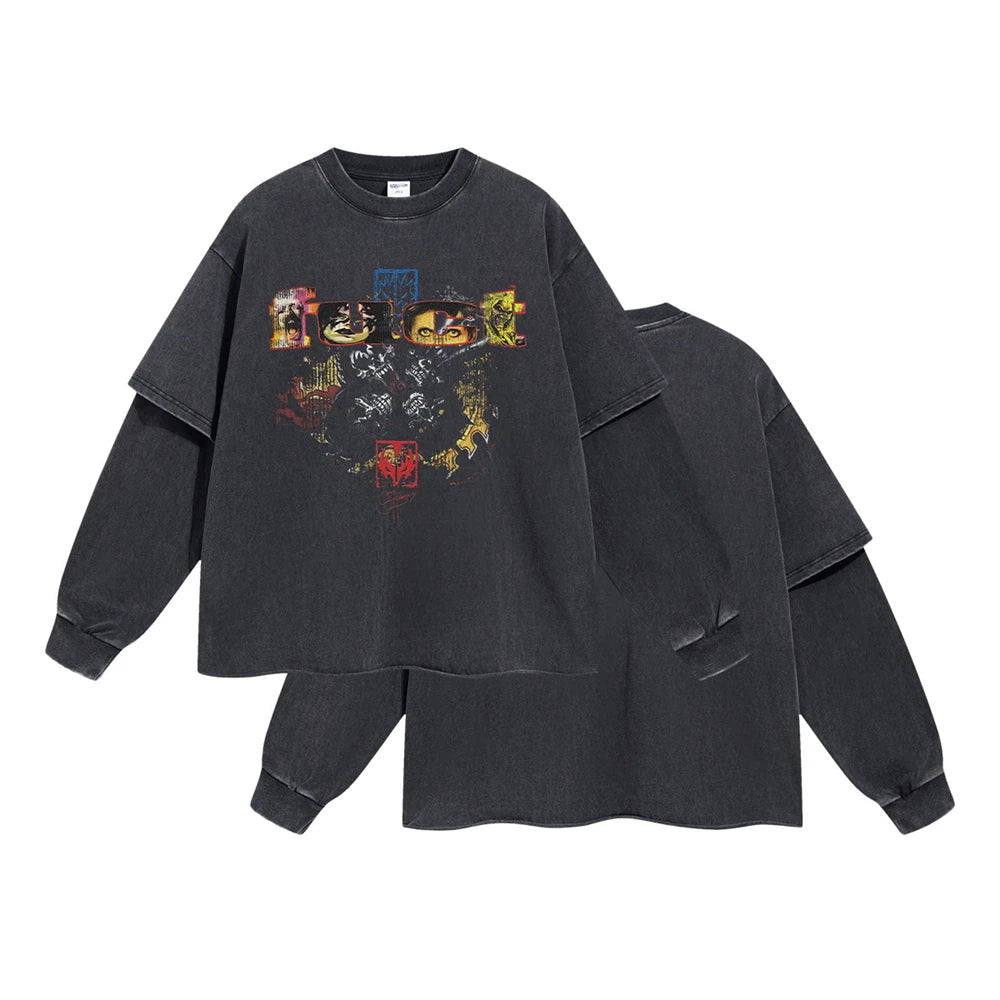 ZODF Retro 2025 Autumn Men 345gsm Washed Full Sleeve T-Shirts Unisex Heavy Weight Punk Style Printing Cotton T Shirt HY0012