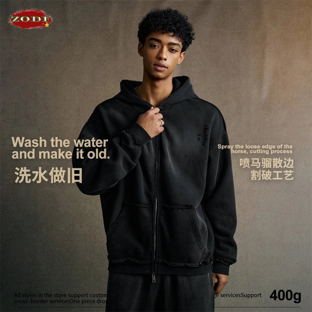 ZODF Retro Winter Men 400gsm Monkey Washed Zipper Hoodie Unisex High Street Loose Edge Ripped Distressed Hooded Pullovers HY1117