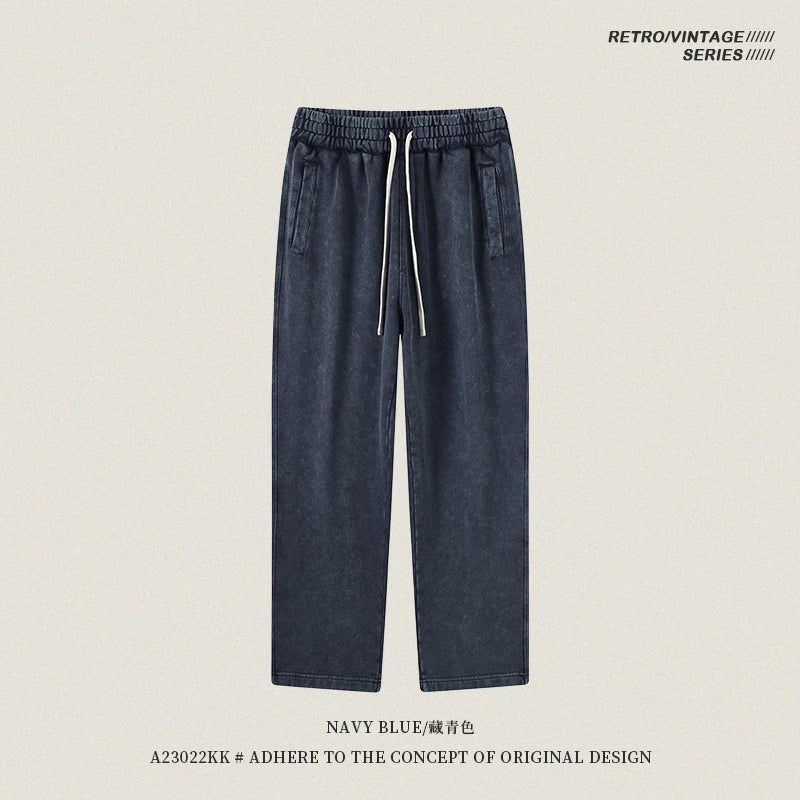 ZODF Retro Autumn Winter 420gsm Batik Washed 100% Cotton Loose Straight Pants for Men Unisex Streetwear HY0937 - Navy