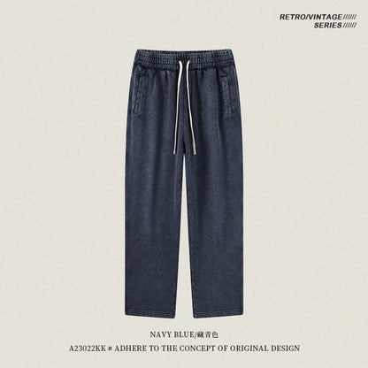 ZODF Retro Autumn Winter 420gsm Batik Washed 100% Cotton Loose Straight Pants for Men Unisex Streetwear HY0937 - Navy