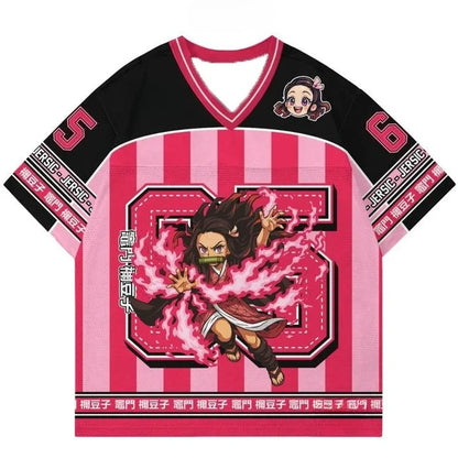 Demon Slayer Anime Series Number Jersey Oversize Daily Unisex Tops Tees Retro Korean Style Kpop Baseball Hockey Outfit T-shirt